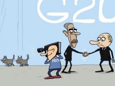 Путин и Обама, рукопожание на G20. Карикатура С.Елкина, источник - twitter.com/Sergey_Elkin/status/666234617956081665